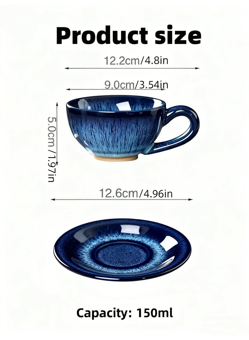 توهج شجاع طقم فناجين قهوة من 4 قطع | فنجان شاي فاخر مع صحن، 150 مل/5 أونصة، فناجين قهوة إسبريسو للشاي والكابتشينو واللاتيه والشوكولاتة الساخنة | فنجان قهوة سيراميكي مصنوع يدويًا في الفرن | هدية فريدة لعشاق القهوة - Image 3